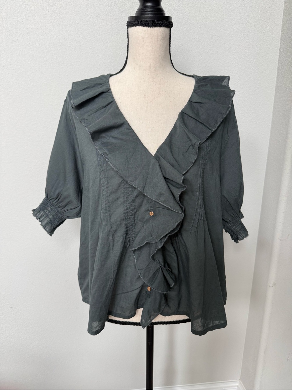 NATURAL LIFE Dark Gray Ruffle V-Neck Blouse